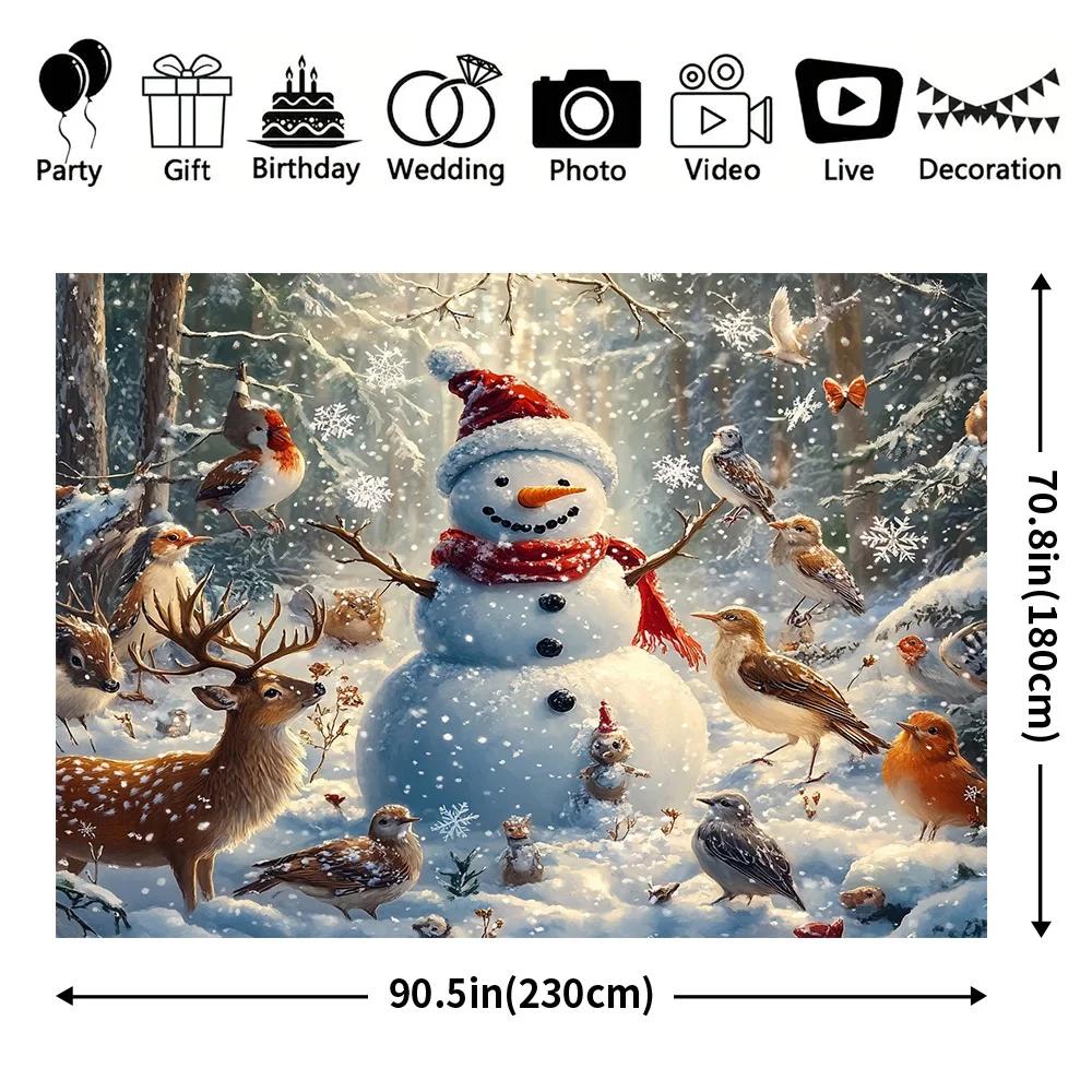 Frohe Weihnachten! Ein Winterkulissenhintergrund mit einem Schneemann und Wildtieren aus Polyesterstoff in Standardgröße.l