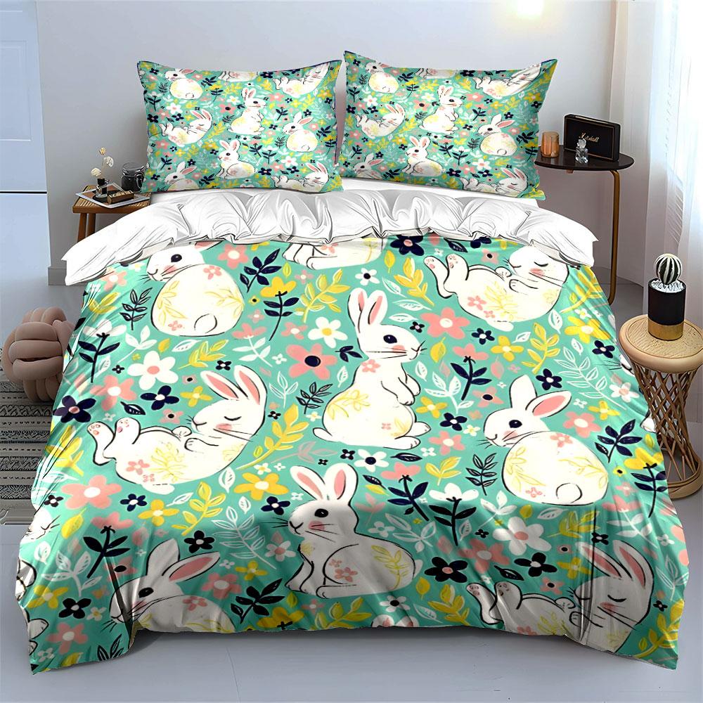 Cute Rabbits And Floral Pattern Printed Duvet Cover Set1 Duvet Cover+2 Pillowcasemulti Size Bedroom Bedding Decor Luxury Gifts