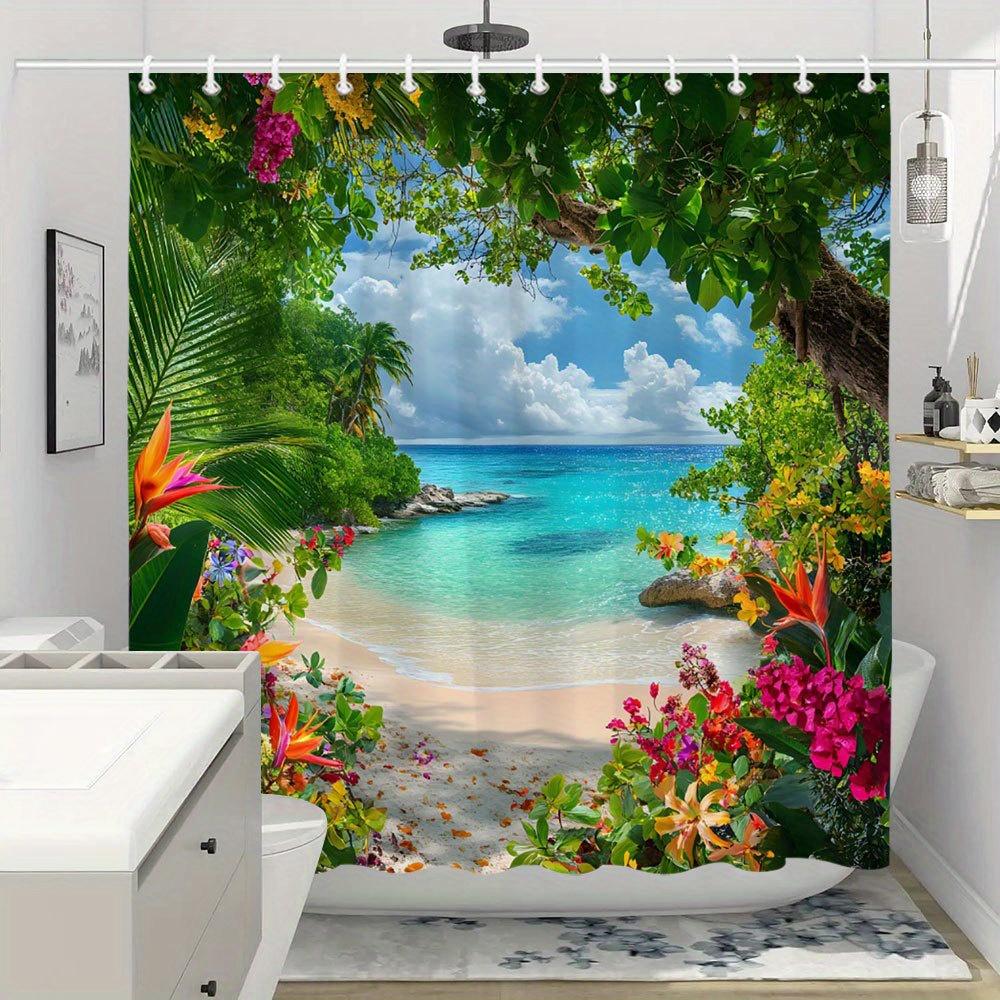 1pc Shower Curtain - Tropical Paradise with Vibrant Flowers and Ocean View Design Waterproof
