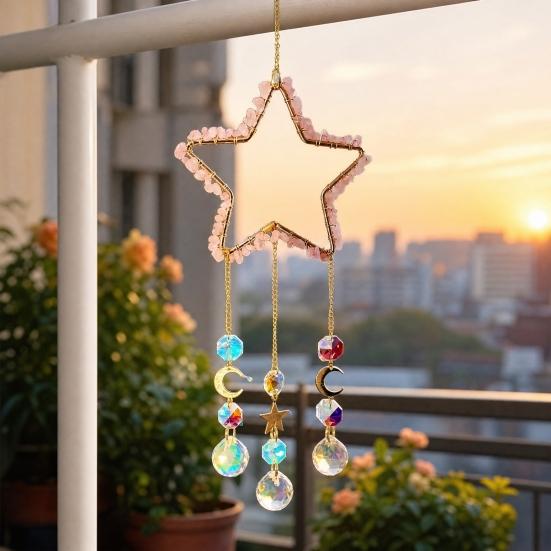 Yousheng Crystals Suncatcher, Hanging Star Sun Catcher with Prisms for Windows, Healing Crystal Wind Chimes Decor for Home, Gift for Christmas