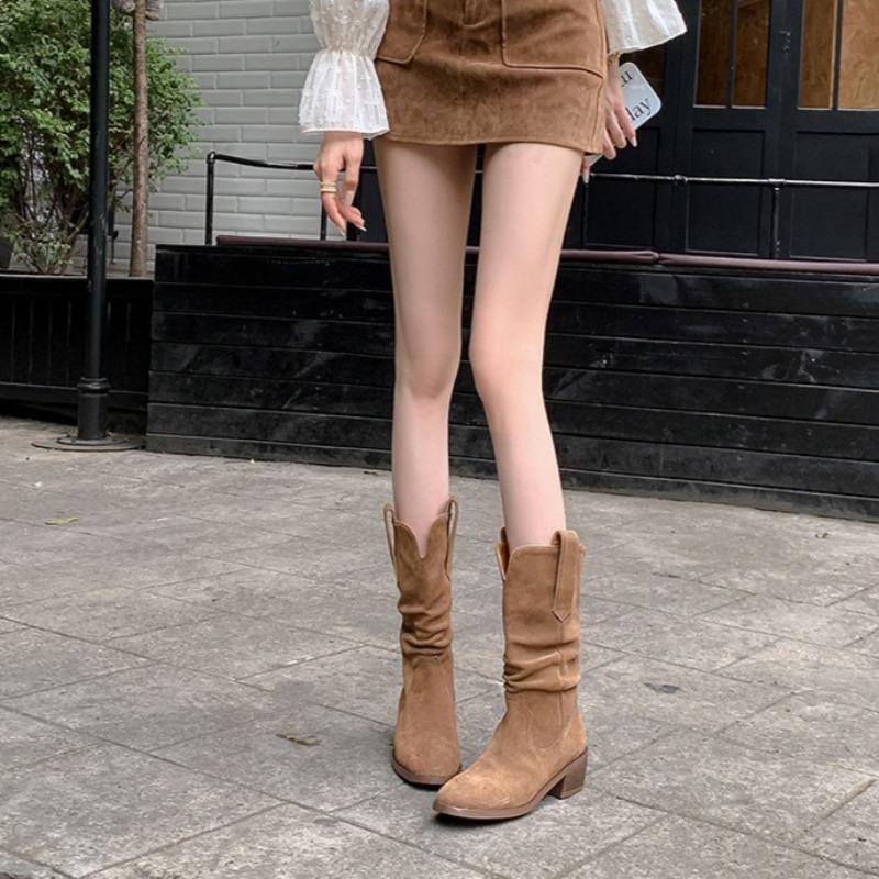 Fashion Super High Quality Women's Boots Autumn 2025 Fashion Pointed Chelsea Boot Pleated Suede Leather Women Knee Boots Banquet Party