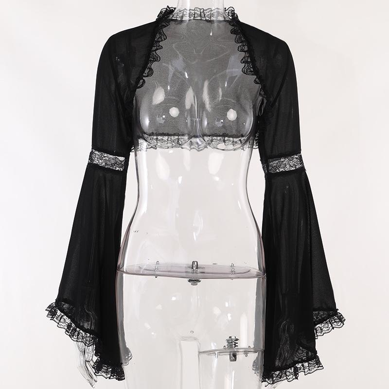 Dark Spring/Summer Lace Bell Sleeve Casual Black Cardigan Top