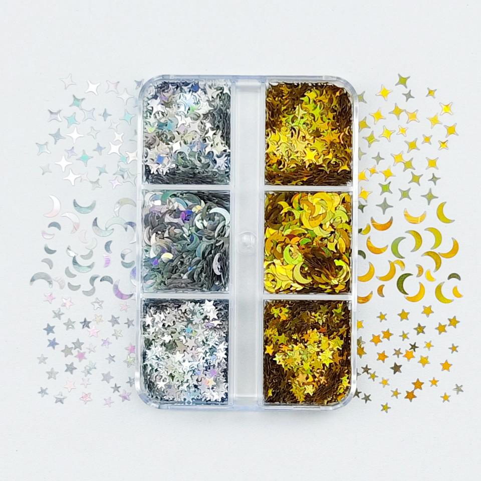 

6-Grid Pack: Mixed Gold & Silver Star, Moon Glitter Eye Makeup Stickers for DIY Resin