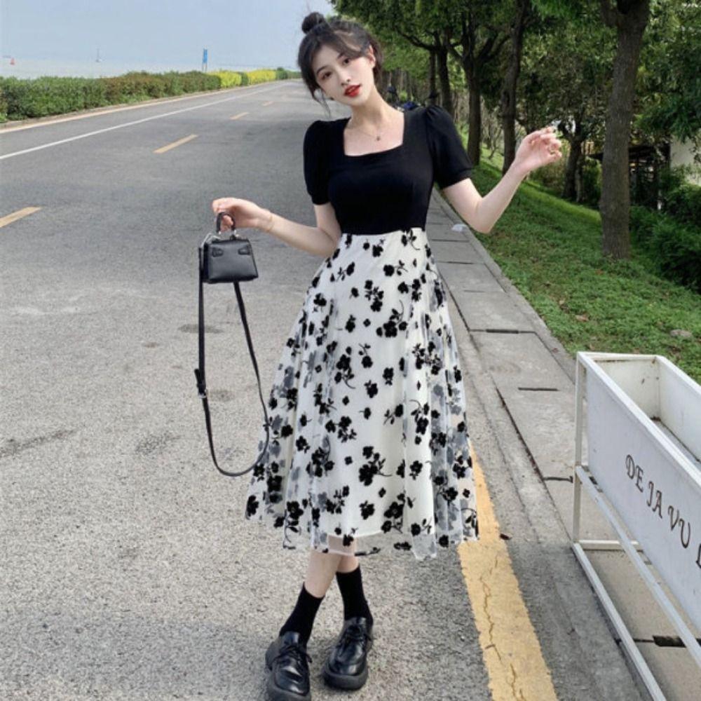 Square Neck Flower Long Dress Patchwork Short Sleeves Dress Elegant A-line Skirt  Evening Party