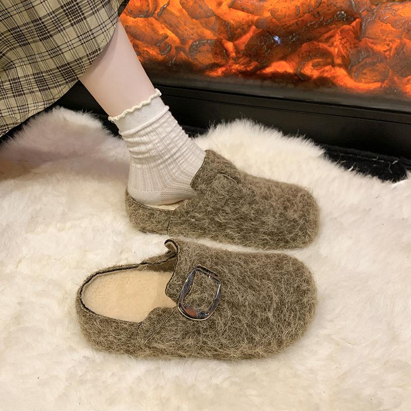 Retro Filz Dicksohlige Taschenkopf Halbschuhe Damen Außenbekleidung 2025 Herbst und Winter Neue Samt High-End Muller Baumwollpantoffeln