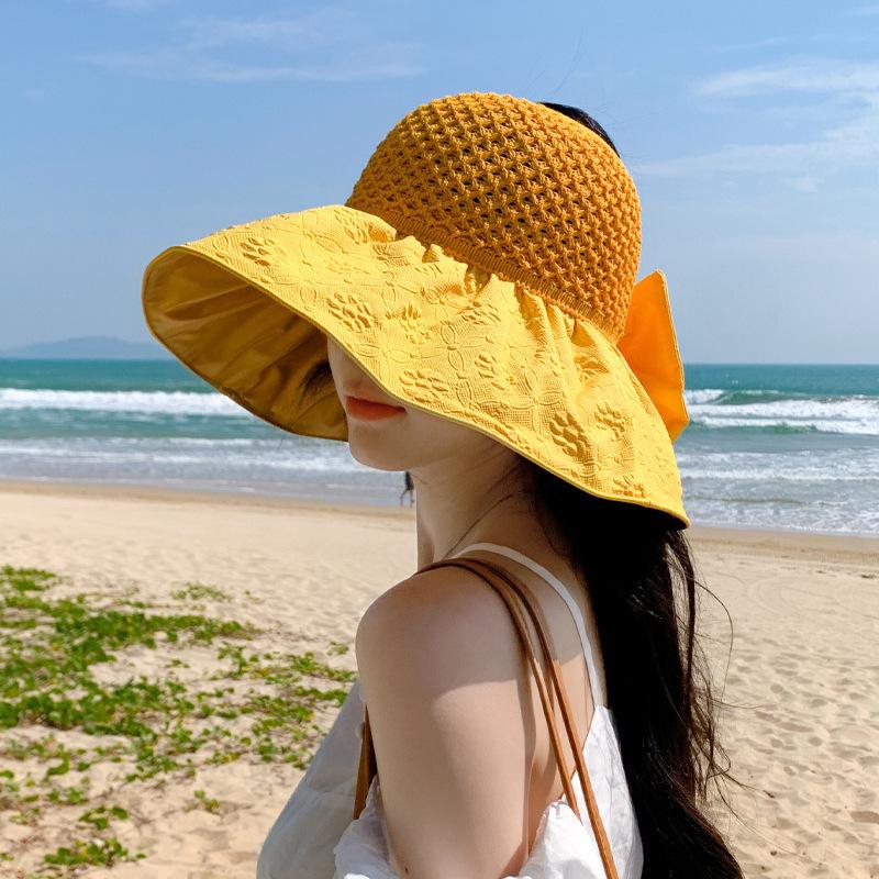 2026 Korean-Style Women's Open-Top Sun Hat with Color Gel Embossed Bow - Summer Outdoor Travel Sun Protection