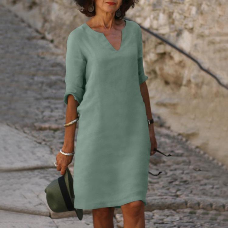 Women Summer Casual Retro Cotton Linen V Neck Dress Light Breathable Half Sleeve Solid Color