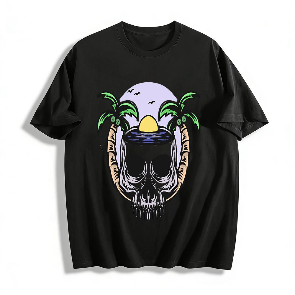 Vintage Island Skull Coconut Tree Print Casual T-Shirt Pure cotton T-shirt XXS
