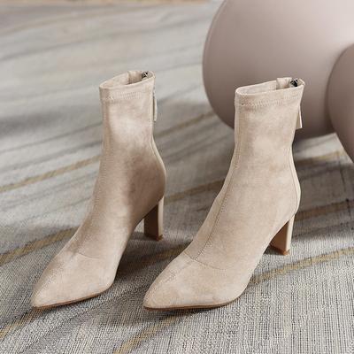 High Heel Boots Women's  New Korean Style Autumn and Winter Mid Heel Stretch Thin Boots Pointed Toe Sock Boots Women