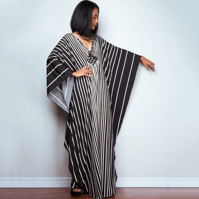 Mote for kvinner Vår Høst Fargeblokkprint Langermet V-hals Løs Midje Hverdagskjoler