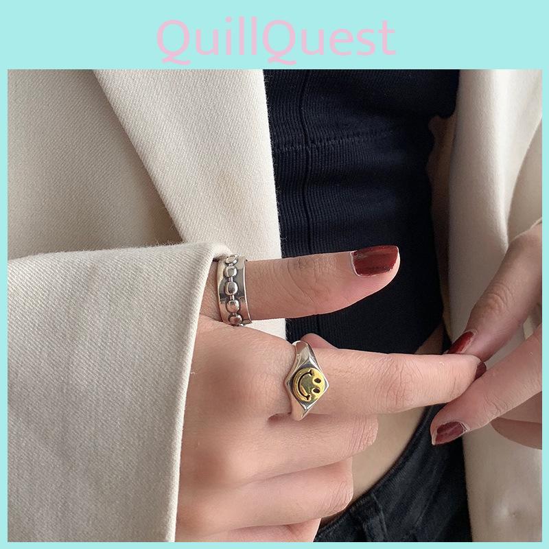 S925 Silver Vintage Smile Face Ring For Women Stylish And Minimalist Adjustable Band