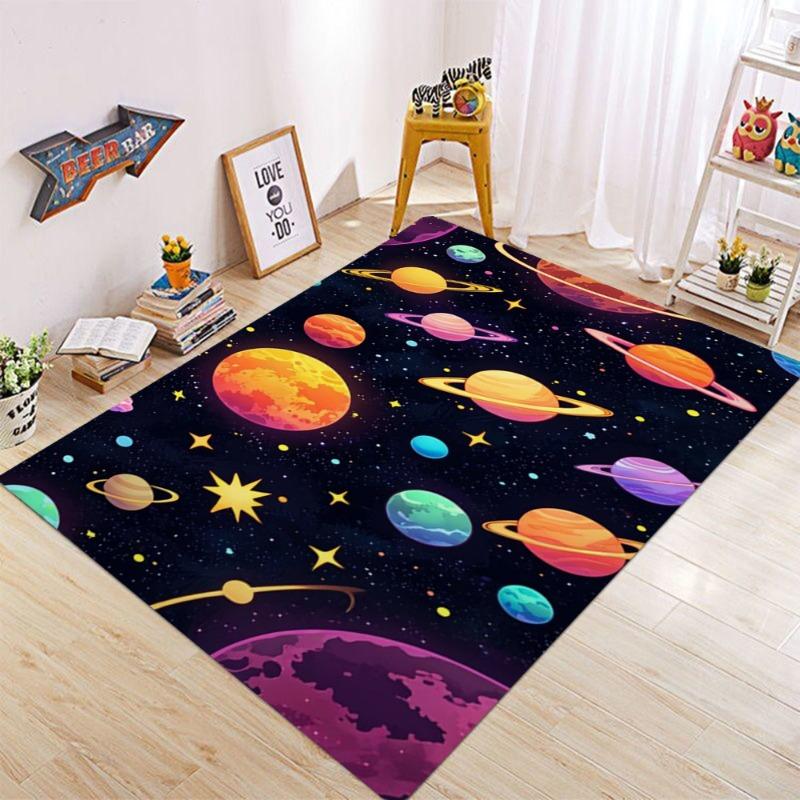 Cartoon Space Galaxy Carpet Mat Rug Colorful Planets Stars Pattern Non-Slip Floor Mat for Kids Room Living Room Home Decoration