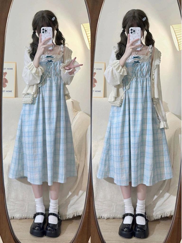 Fake Two-piece Tube Top Suspender Small Dress Summer New Plaid Sweet First Love High Waist Thin A-shaped Skirt
