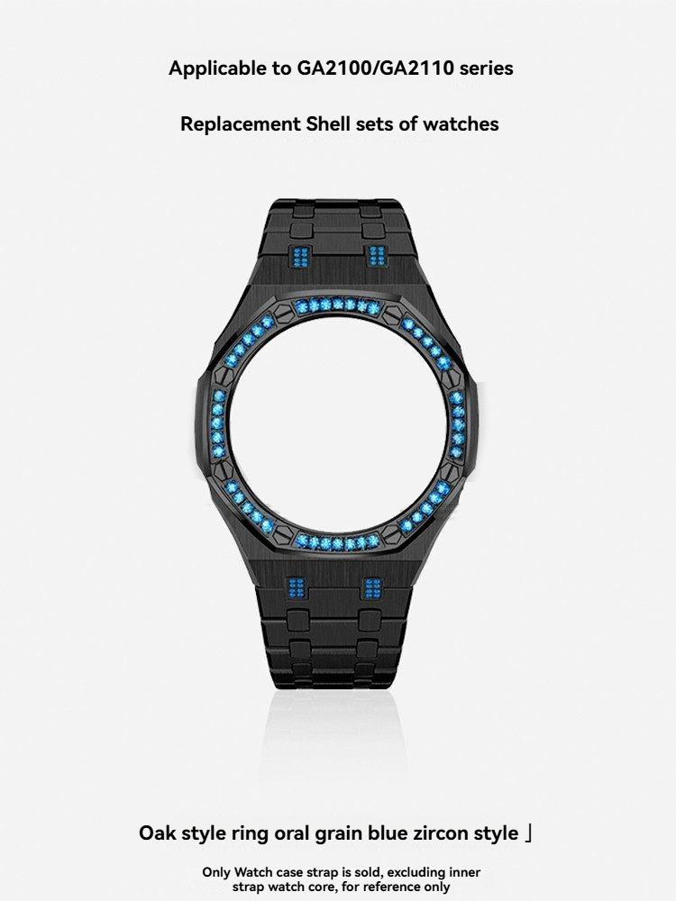 For Casio Octagonal Sport Watch GA2100/GA2110/GA-B2100 Modified Stainless Steel Metal Blue Diamond Case Strap Set Accessories