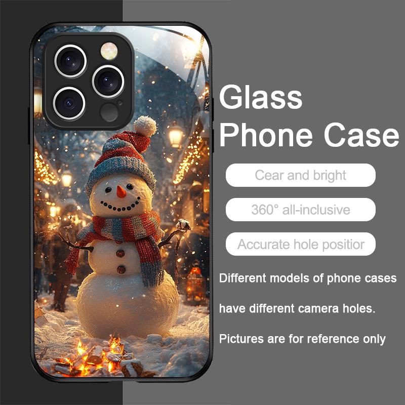 Winter Christmas Snowman Pattern Tempered Glass Phone Case for IPhone 16 Pro Max 16e 15 14 13 12 Mini 11 X XS 7 8 14 Plus Cover