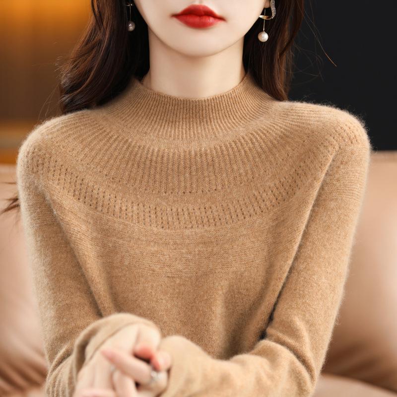 Half Turtleneck Cardigan for Women In Autumn and Winter New First-line Ready-to-wear Wool Knitted Base Shirt Fashionable and Versatile Hollow Top