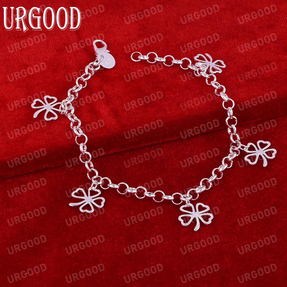 925 Sterling Silver Clover Flower Pendant Bracelet Chain Fashion Wedding Jewelry