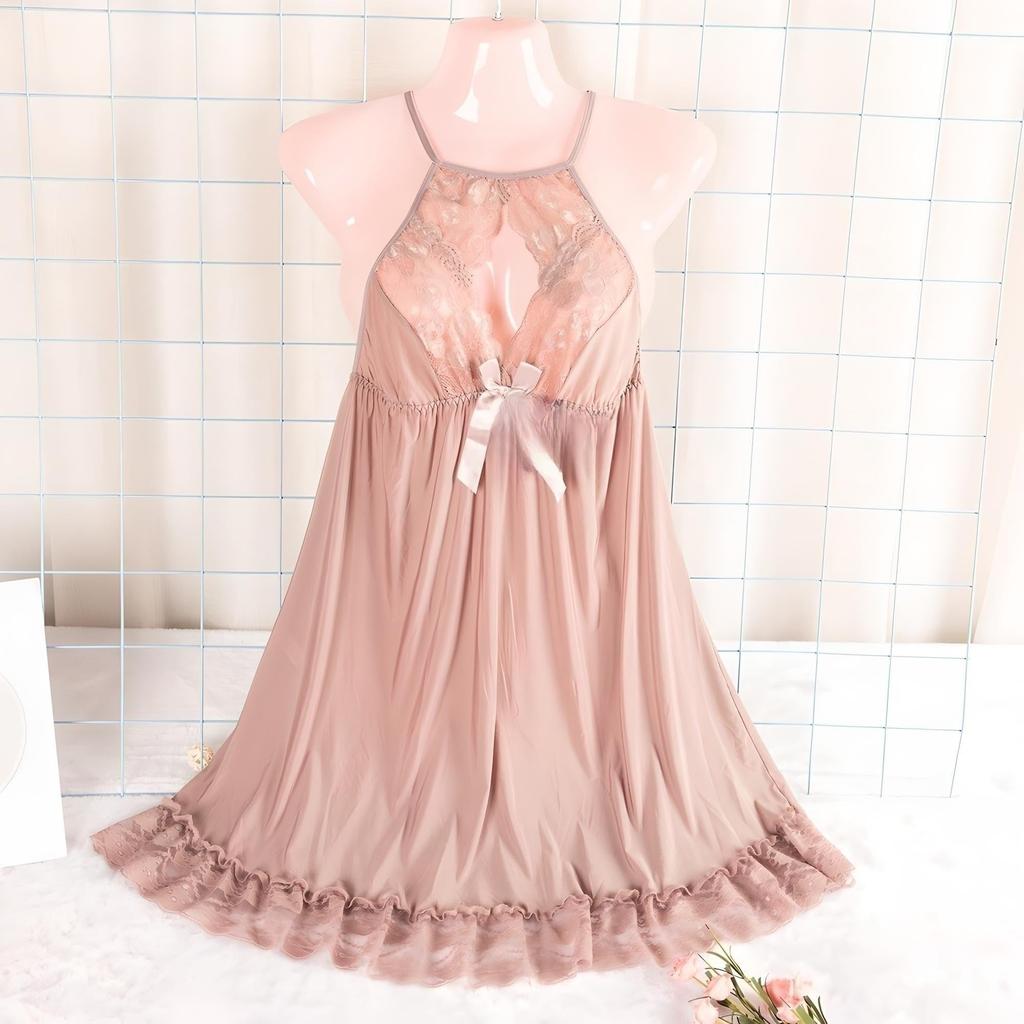 Halterneck Brodert Babydoll Undertøy Bånd Søt Sexy Ryggløs [AQURAD] Gjennomsiktig Dame (Rosa, S~L)
