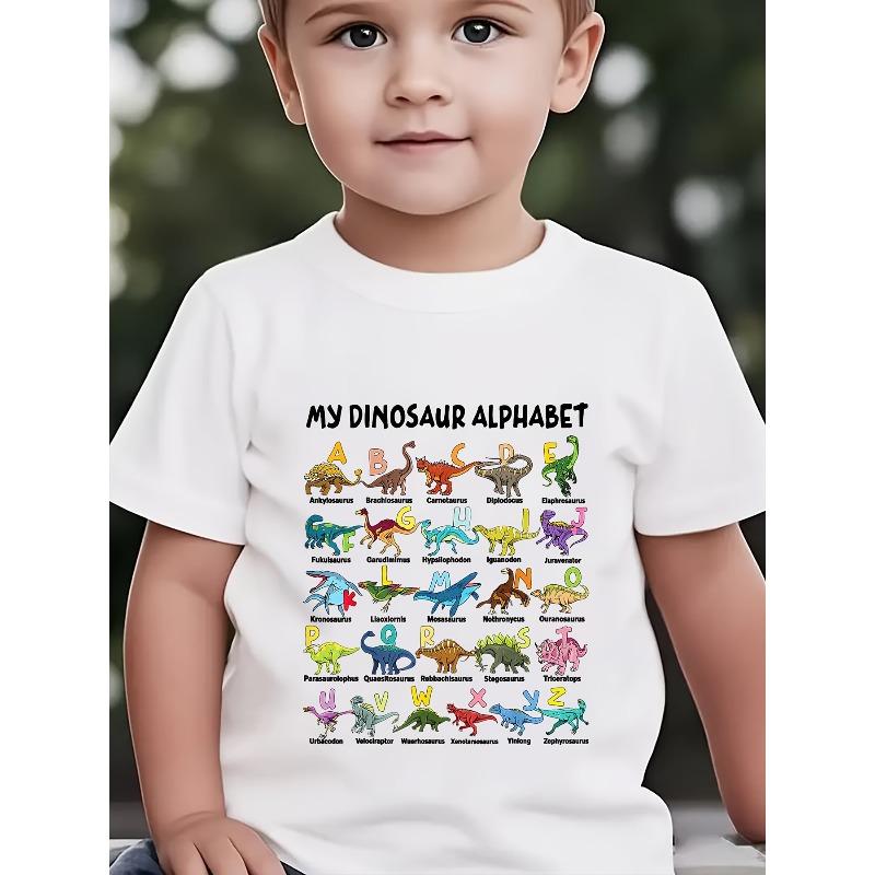 European sizes Boys Short Sleeve Summer Fashion MY DINOSAUR ALPHABET Dinosaur Element Alphabet Print Outdoor Casual Top 110