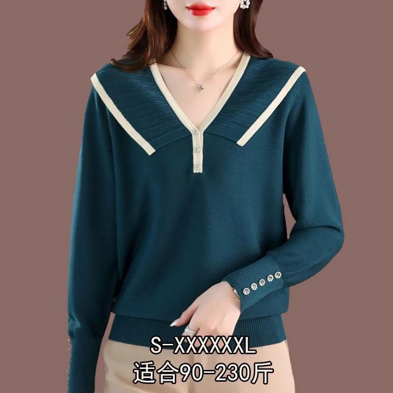

Women s Plus Size Khaki Knit Sweater V-Neck Ruffle Collar Button Detail Casual Pullover Fit 90-230 lbs L синій
