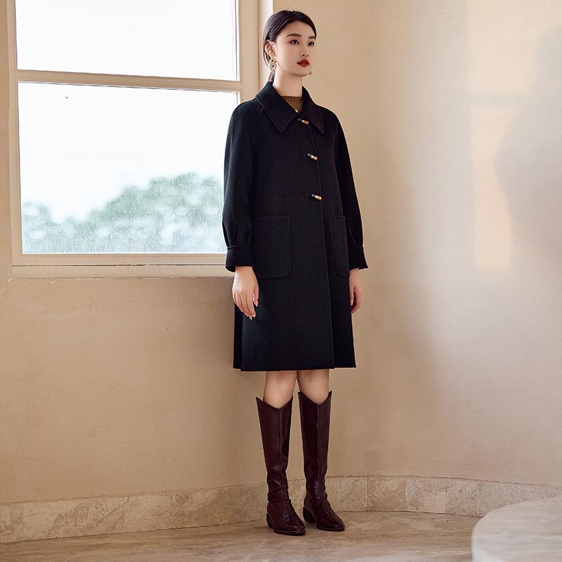 

Верблюжье женское полупальто из двухсторонней шерсти средней длины 2024 Large чёрный