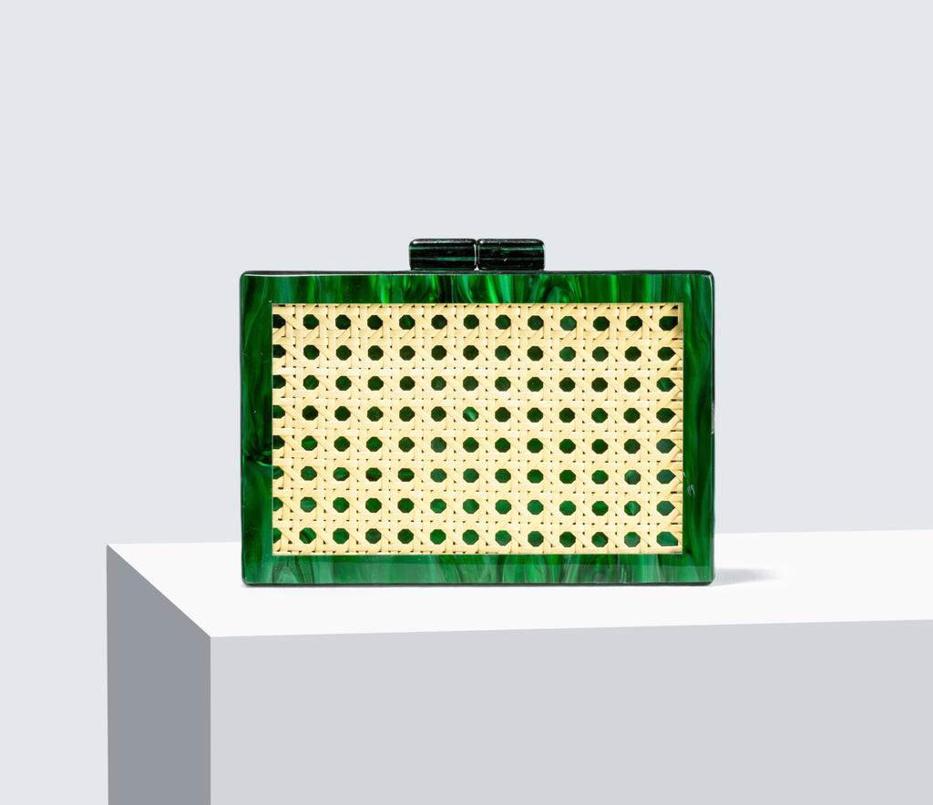 2026 New Rattan Patchwork Acrylic Evening Bag Retro Green Box Design Banquet Shoulder Clutch Bag for Women High Quality 11.5 cm