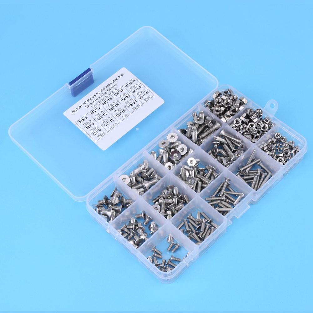 440pcs M3 M4 M5 Stainless Steel Hex Socket Flat Head Screw Bolts and Nuts Kit