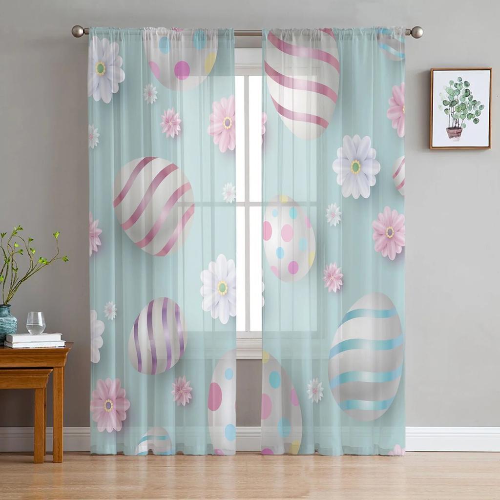 Easter Egg Flowers Are Pink Blue Tulle Curtains For Living Room Bedroom Voile Sheer Curtain Window Home Decor Drapes