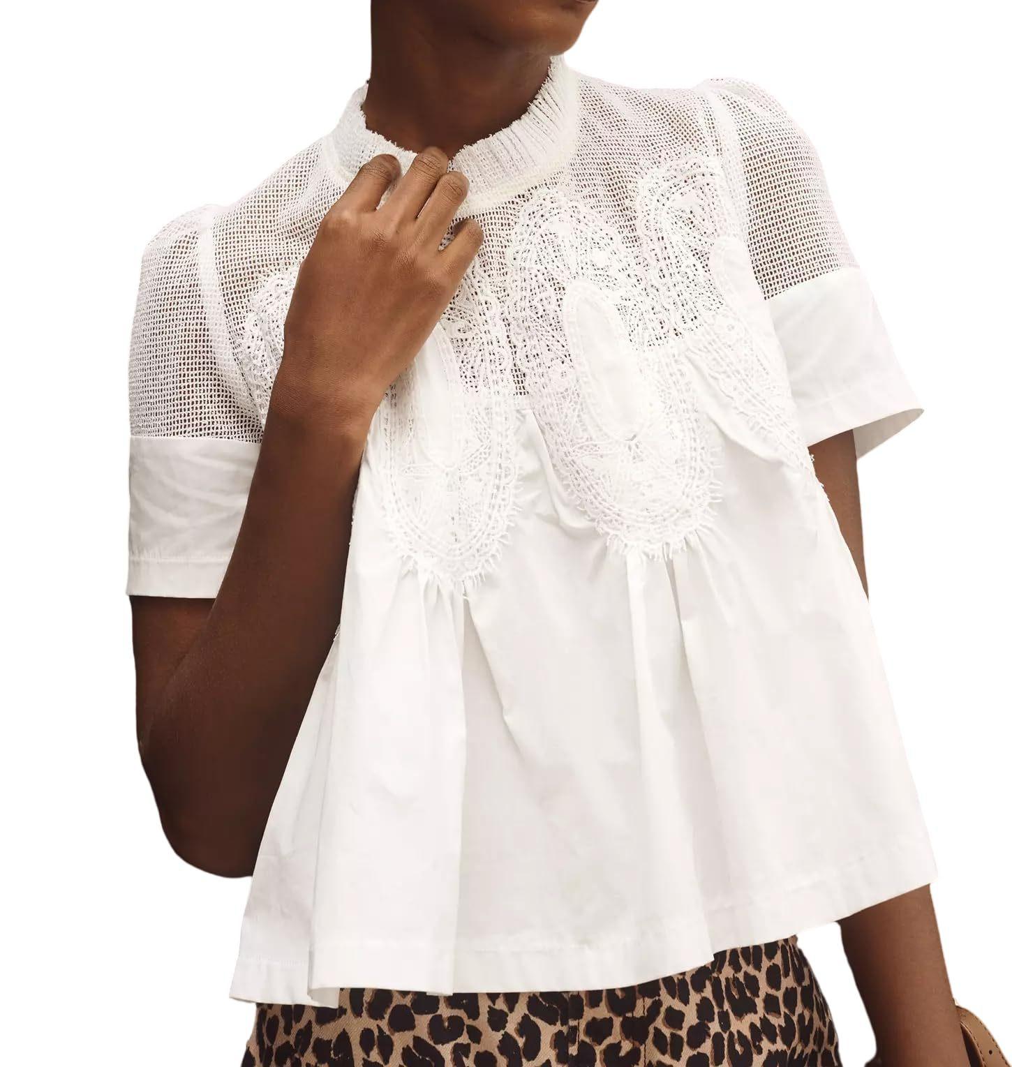 Women s Short Sleeve Round Neck Lace Trim Blouse with Ruffle Hem in Multi Colors S белый