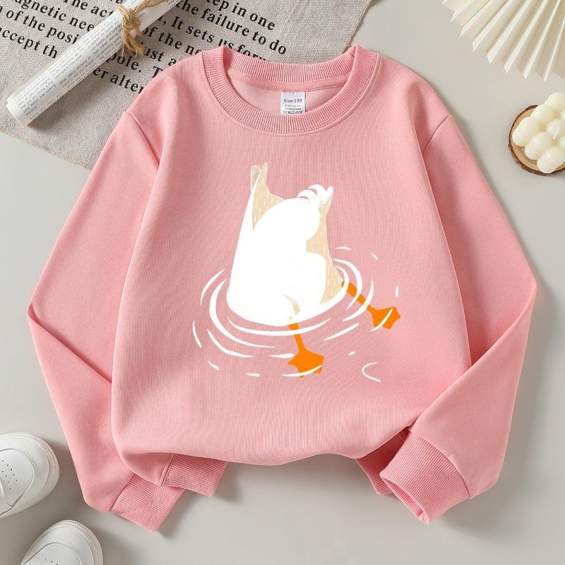 Girls Crew Neck Pullover Sweatshirt, Duck Swimming With Fish Print, Soft Cozy Warm Casual Tops for Autumn Winter
