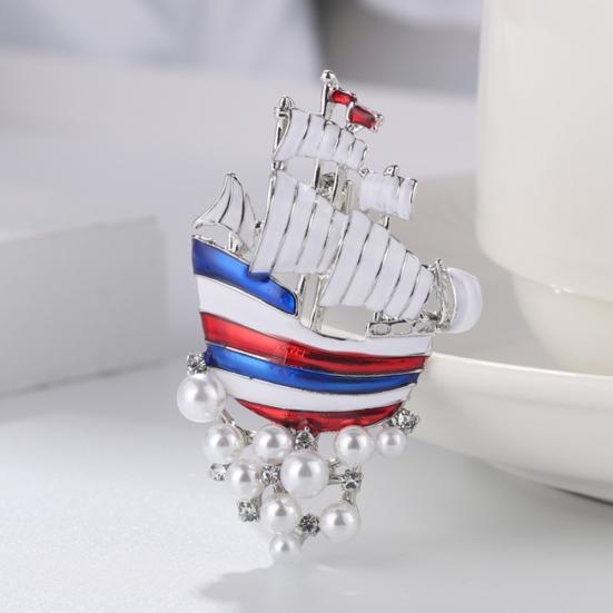 Segelboot-Brosche mit Kunstperle und Strass eingelegt, Damen-Kleid-Hemd-Abzeichen