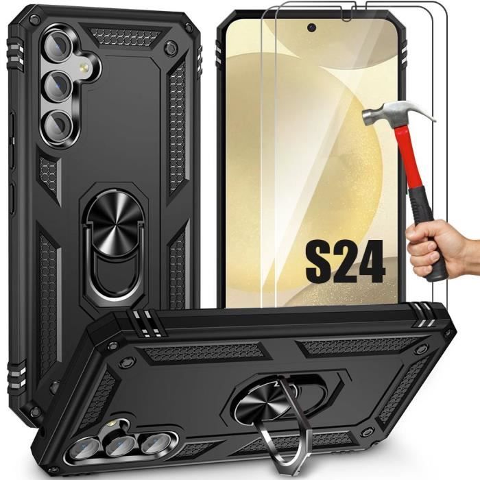 Coque pour Samsung Galaxy S24 - Noir - Support 360° - 2 Verres Trempés - Rigide - Mixte