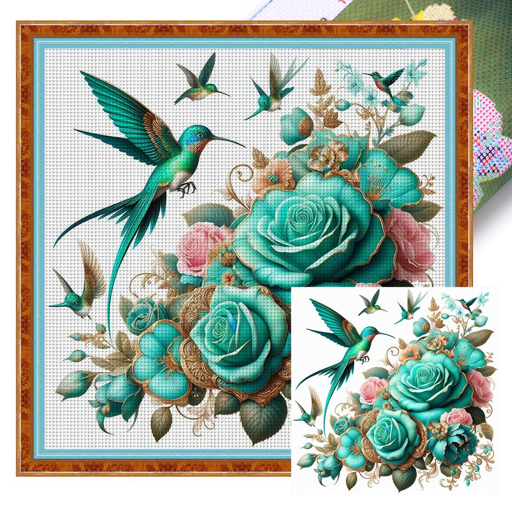 

Vollstickgarn aus Öko-Baumwolle 11 CT-Druck Kolibri-Rose Kreuzstich 40 x 40 см высота