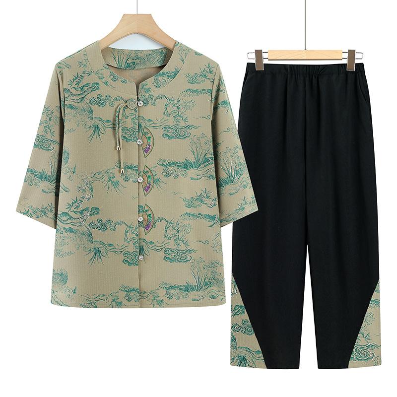 Summer Clothing for The Elderly Short-sleeved Fashionable Ladies' Traditional Chinese Style Suit Two-piece Suit