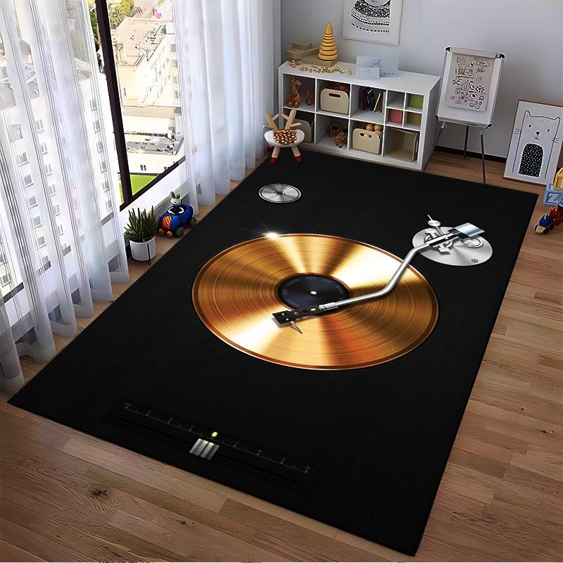Turntable Design Carpet with Vinyl Record Print Black and Gold Style Suitable for use as an anti-slip for living room bedroom sofas