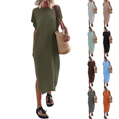 Damen Sommer Einfarbig T-Shirt Langes Kleid Rundhals Lässig Lose Split Kleid