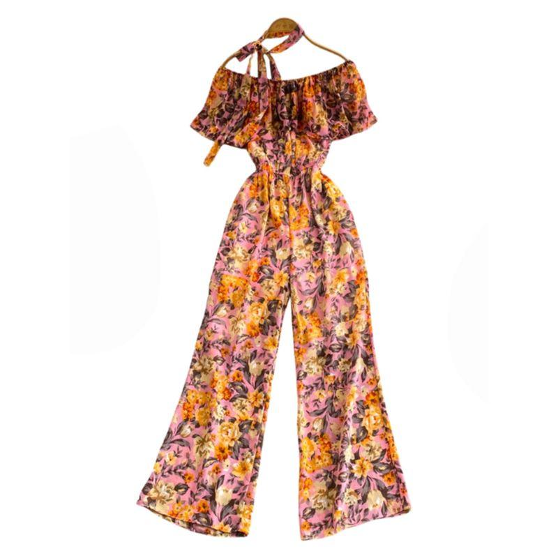 Women's Floral Loose Pants Jumpsuit Summer High Waist Waist-Tight Slimming Flounce off-Shoulder Jumpsuit Short Sleeve