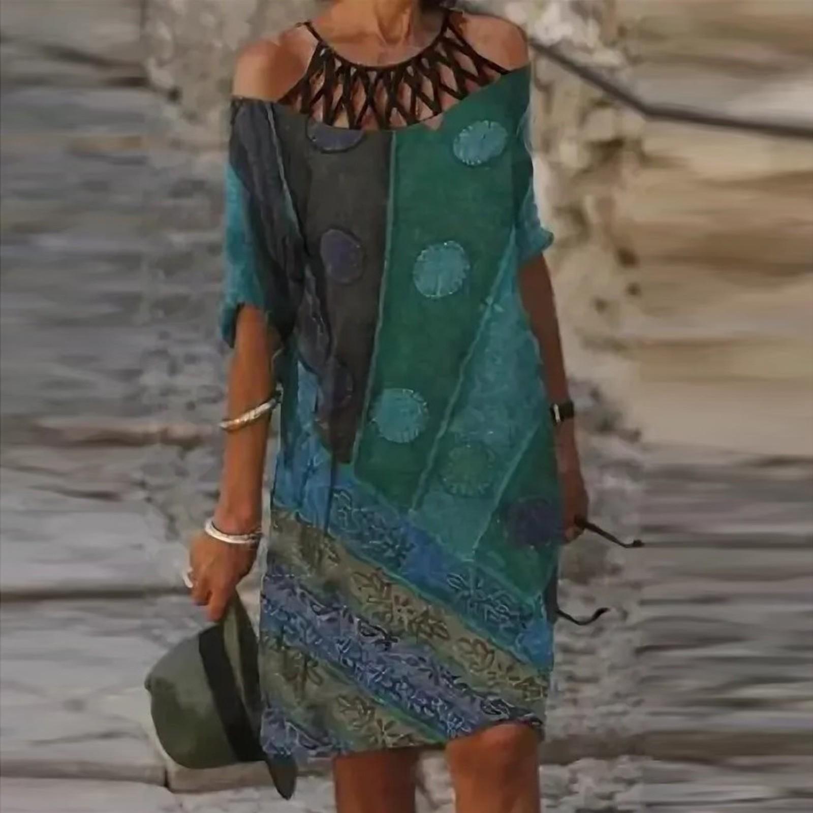 

Женское летнее повседневное свободное платье с полым круглым вырезом и рукавами из пяти частей с цветочным принтом XL зелёный