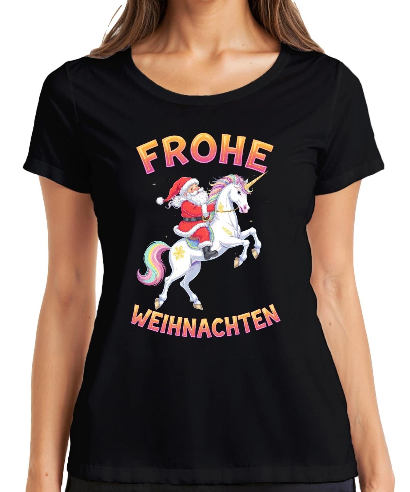 Frohe Weihnachten Weihnachtsmann Einhorn Regenbogen Kinder Lustig Damen T-Shirt L