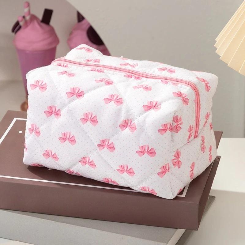Pink Bow Cosmetic Bag Zipper Makeup Organizer Portable Cosmetic Storage Bag for Women Travel Toiletry Bag Handbag