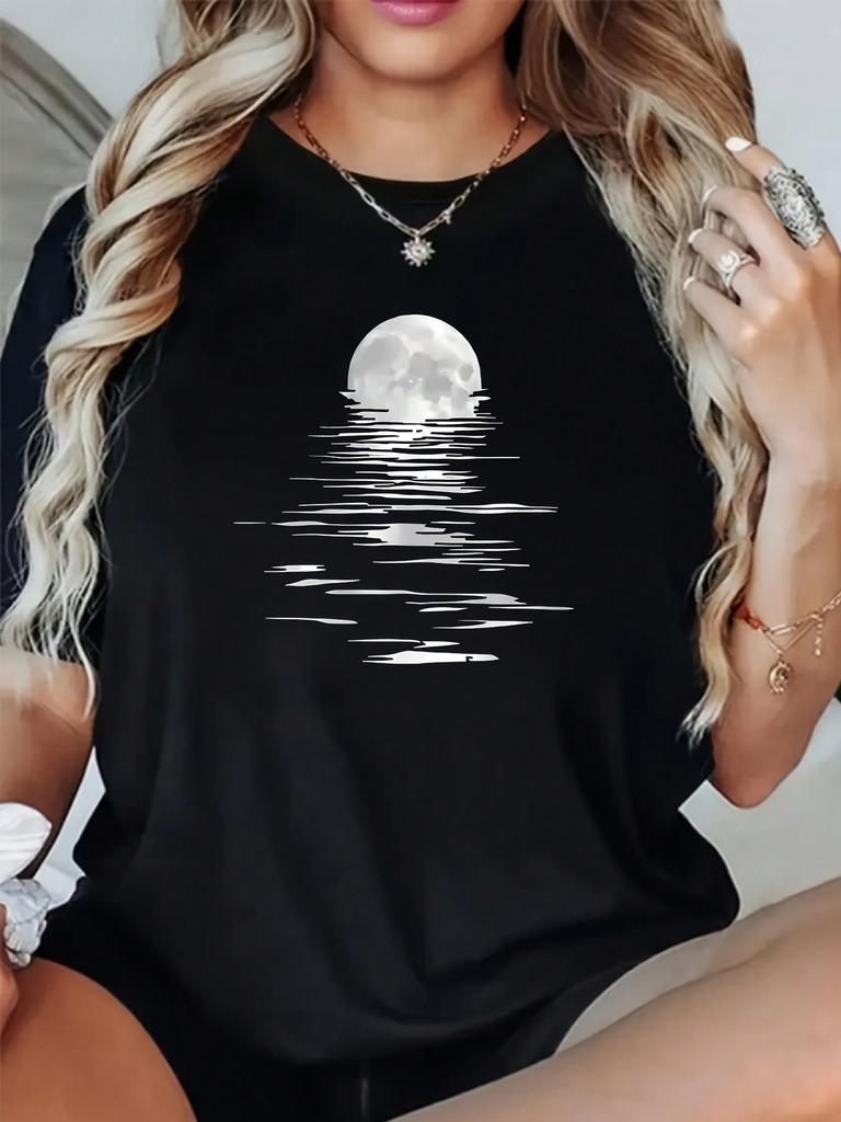 Plus Size Mysterious Moonlight Print Loose T-Shirt For Women Summer Cool Short Sleeve Black Casual Fashion Crew Neck Big Women Size L-3XL 4XL 5XL