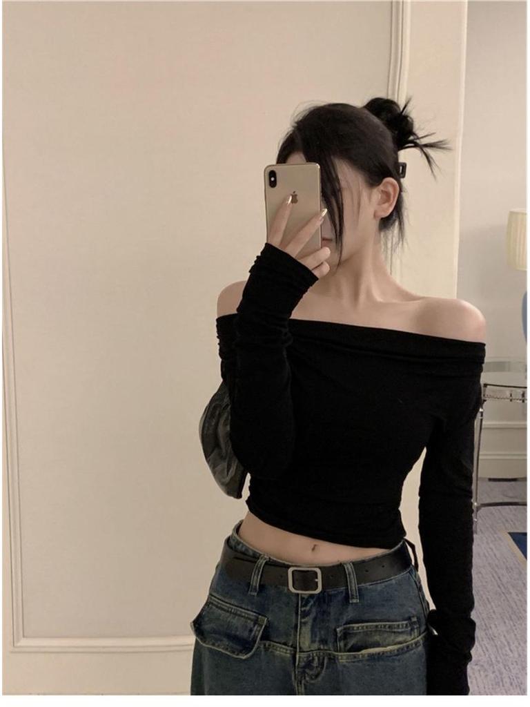 Spring/Autumn Asymmetrical One-Shoulder Long Sleeve Slim T-Shirt