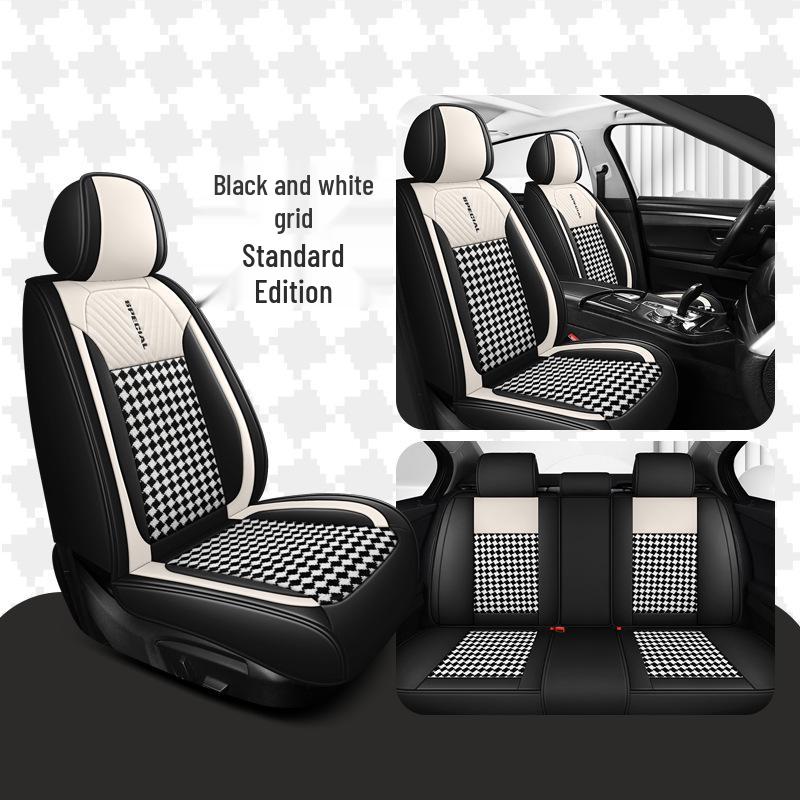 

Universal All-Season Black & White Plaid Leather Car Seat Cover with Lumbar Support & Headrest