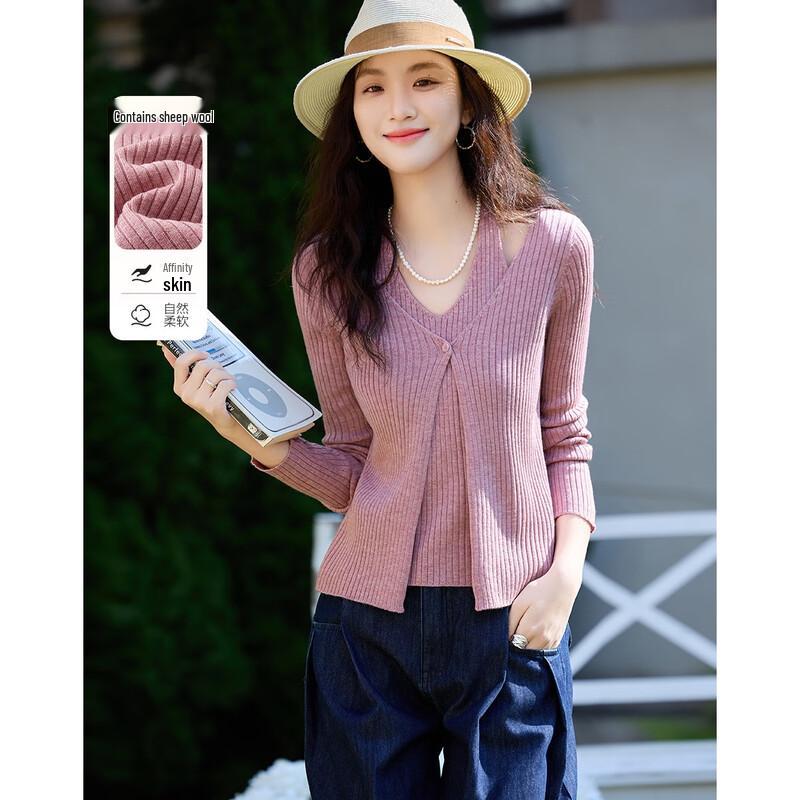 Women s V-Neck Faux Two-Piece Wool Blend Knit Cardigan L