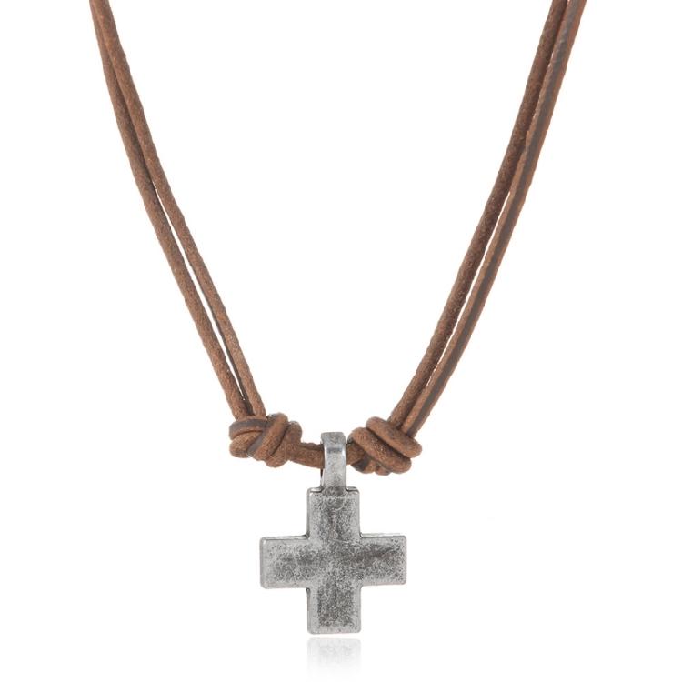 Lightweight Adjustable Braided Leather Necklace Crucifix Pendant Vintage Accessory For Everyday Fashion Jewlery