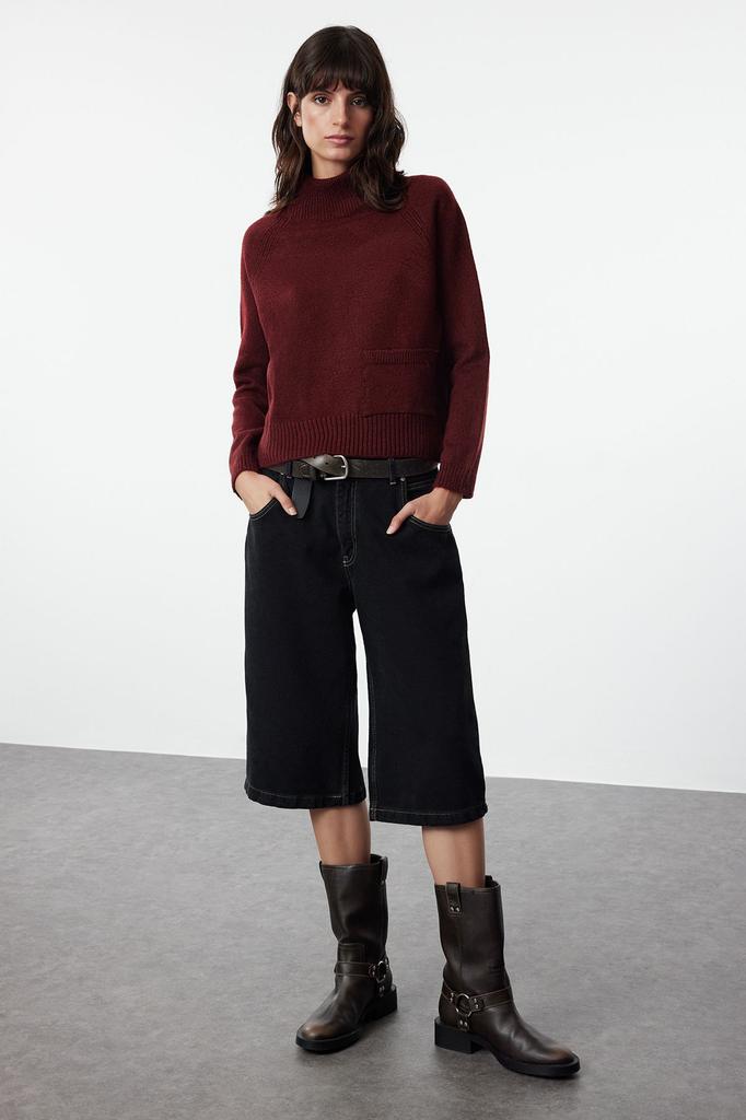 Women's Fashionable Stylish Sweater Blue Pocket Detailed Soft Textured Knitwear Sweater