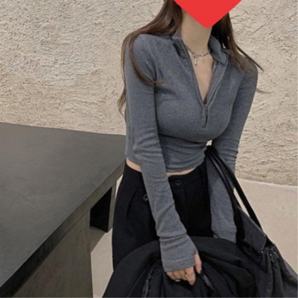 New Arrivals Open Run Women Slim FiT Long Sleeve Rib Half Zip T shirT