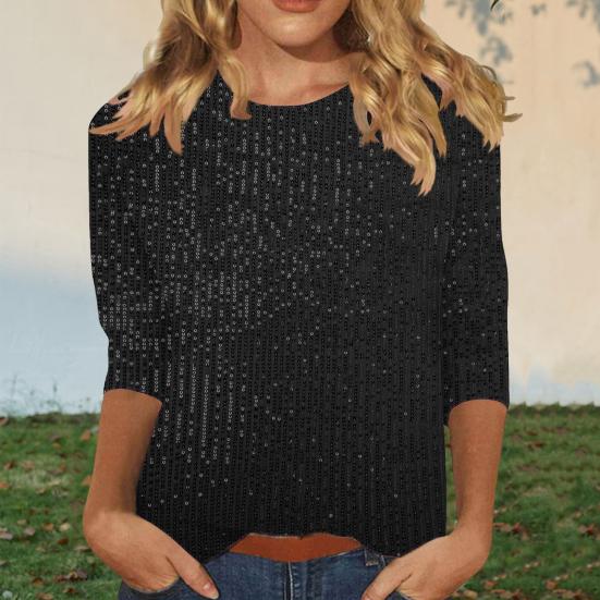 Women Tops Slim Fit Sequin Embellished Round Neck 3/4 Sleeves T-Shirt Loose Fit Solid Color Pullover Tops Daily Wear