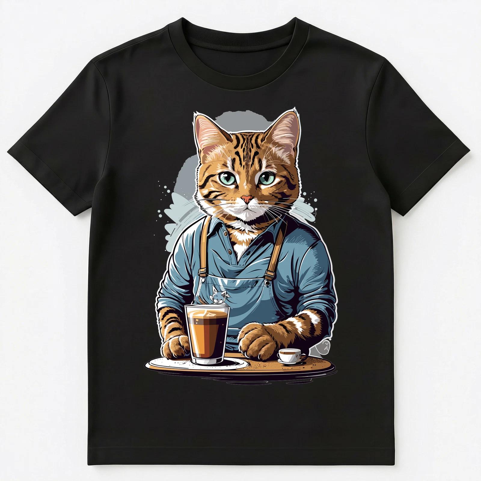 Cute Barista Cat Serving Coffee Graphic Design Unisex T-Shirt 4XL