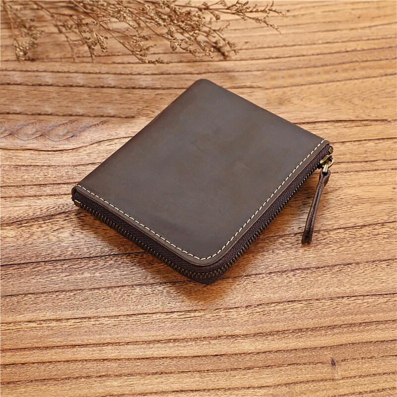 

Кошелек ручной работы из кожи Crazy Horse, ретро, маленький, с отделениями для монет и денег, простые кошельки, кармашек на молнии, держатели для карт темный кофе